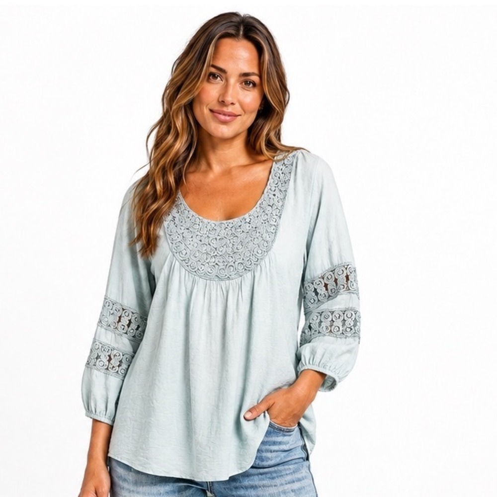 Krazy Kat Blouse Small Light Blue Pearl Rosette Embellished Boho Cottagecore